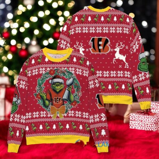 Cincinnati Bengals x Grinch NFL Dr. Seuss How the Grinch Stole Christmas with Super Bowl Trophy Ugly Christmas Sweater Red