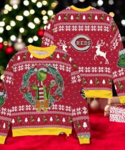 Cincinnati Reds x Grinch Dr. Seuss How the Grinch Stole Christmas MLB with World Series Trophy Ugly Christmas Sweater Red