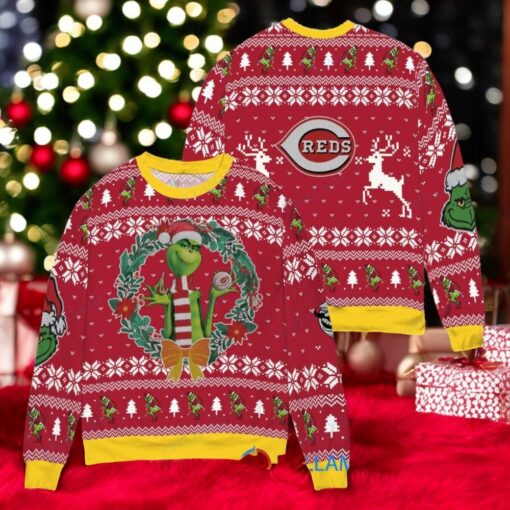 Cincinnati Reds x Grinch Dr. Seuss How the Grinch Stole Christmas MLB with World Series Trophy Ugly Christmas Sweater Red