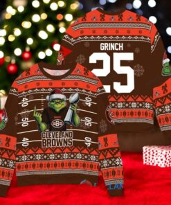 Cleveland Browns x Grinch Christmas Dr. Seuss How the Grinch Stole Christmas with Super Bowl Trophy Custom Ugly Christmas Sweater