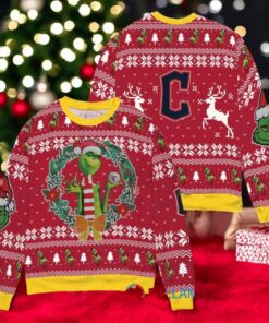 Cleveland Guardians x Grinch Dr. Seuss How the Grinch Stole Christmas MLB with World Series Trophy Ugly Christmas Sweater Red