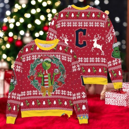 Cleveland Guardians x Grinch Dr. Seuss How the Grinch Stole Christmas MLB with World Series Trophy Ugly Christmas Sweater Red