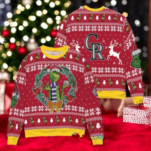 Colorado Rockies x Grinch Dr. Seuss How the Grinch Stole Christmas MLB with World Series Trophy Ugly Christmas Sweater Red