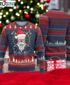 Cool Santa Ugly Christmas Sweater Yo Ho Ho Skull Beard Sunglass