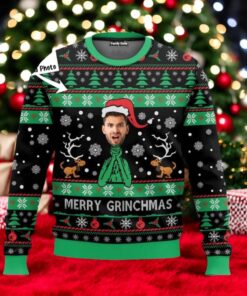 Custom Photo Merry Grinchmas Ugly Christmas Sweater, Funny Xmas Sweatshirt, Vintage Xmas Movie Crewneck Sweater, Holiday Gift Ideas