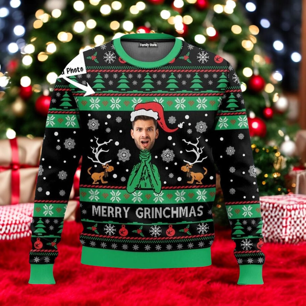 Custom Photo Merry Grinchmas Ugly Christmas Sweater, Funny Xmas Sweatshirt, Vintage Xmas Movie Crewneck Sweater, Holiday Gift Ideas