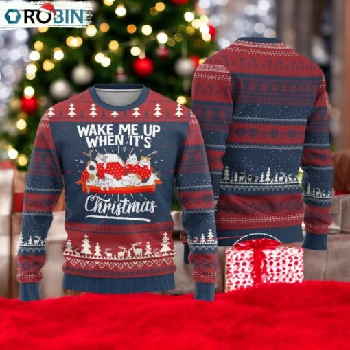 Cute Cat Wake Me Up When It’s Christmas Chillin’ Ugly Christmas Sweater