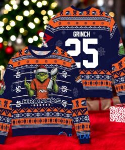 Denver Broncos x Grinch Christmas Dr. Seuss How the Grinch Stole Christmas with Super Bowl Trophy Custom Ugly Christmas Sweater