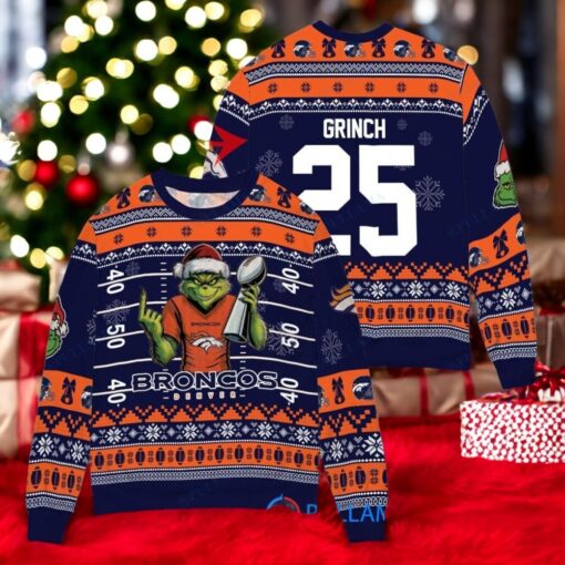 Denver Broncos x Grinch Christmas Dr. Seuss How the Grinch Stole Christmas with Super Bowl Trophy Custom Ugly Christmas Sweater