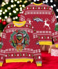 Denver Broncos x Grinch NFL Dr. Seuss How the Grinch Stole Christmas with Super Bowl Trophy Ugly Christmas Sweater Red