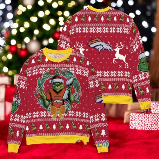 Denver Broncos x Grinch NFL Dr. Seuss How the Grinch Stole Christmas with Super Bowl Trophy Ugly Christmas Sweater Red