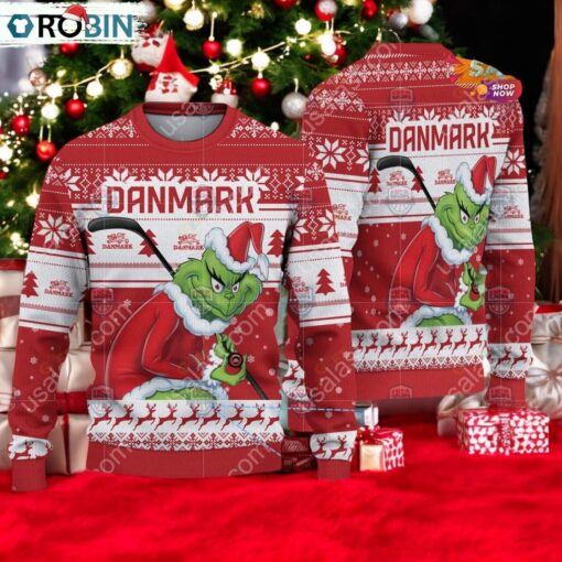 Denmark Ice Hockey Team Grinch Hockey Stick Ugly Christmas Sweater
