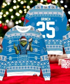 Detroit Lions x Grinch Christmas Dr. Seuss How the Grinch Stole Christmas with Super Bowl Trophy Custom Ugly Christmas Sweater