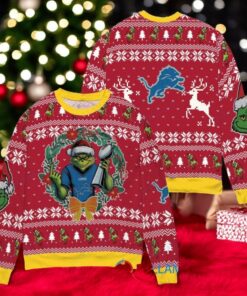 Detroit Lions x Grinch NFL Dr. Seuss How the Grinch Stole Christmas with Super Bowl Trophy Ugly Christmas Sweater Red