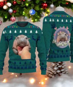 Festive Moo Deng Baby Hippo Sweater, Quirky Ugly Christmas Apparel for Fun