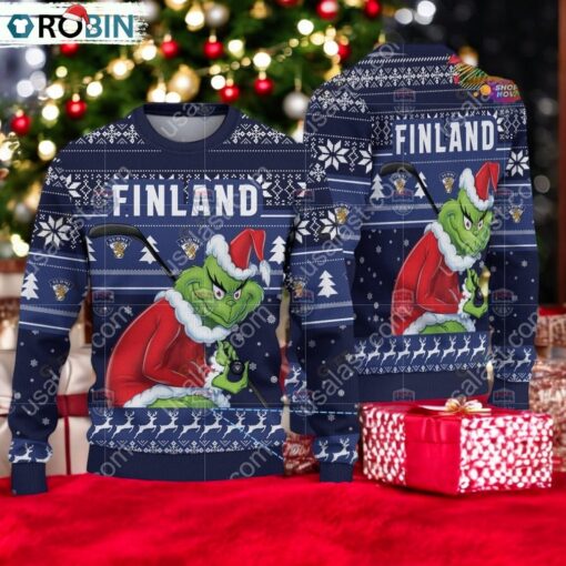 Finland Ice Hockey Team Grinch Hockey Stick Ugly Christmas Sweater