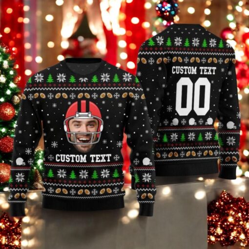 Football Face And Text Christmas Sweater, Funny Football Xmas Sweater, Personalized Photo Ugly Sweater