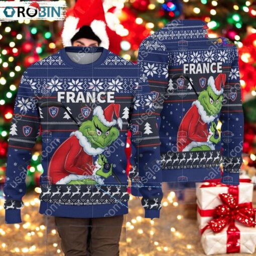 France Ice Hockey Team Grinch Hockey Stick Ugly Christmas Sweater