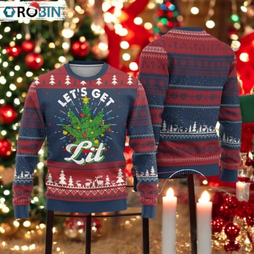 Funny Weed Xmas Ugly Christmas Sweater Let’s Get Lit Christmas Tree Cannabis