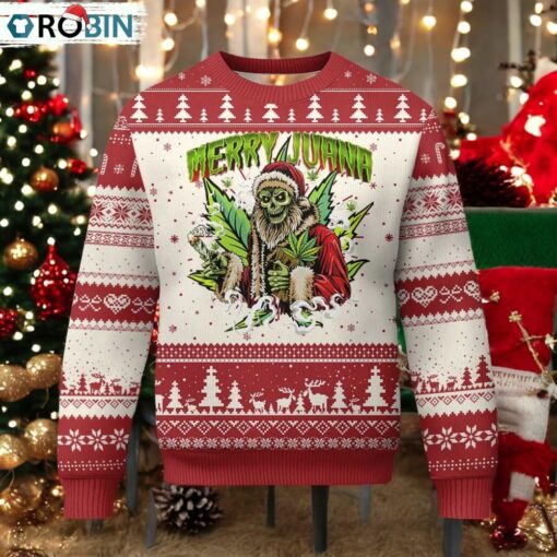 Funny Weed Xmas Ugly Christmas Sweater Merry Juana Santa Skeleton