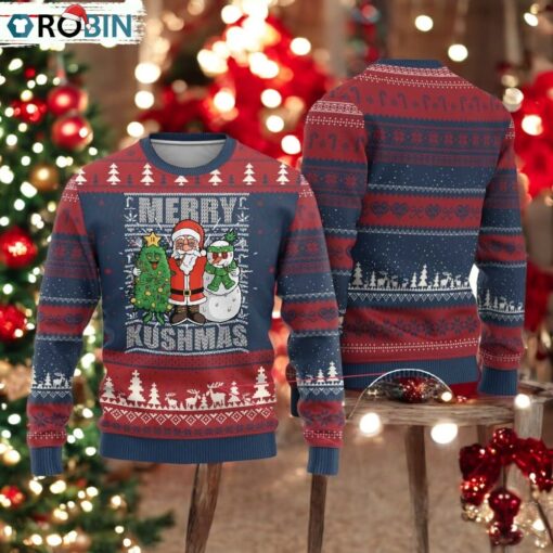 Funny Weed Xmas Ugly Christmas Sweater Merry Kushmas Naughty Santa Snowman Cannabis