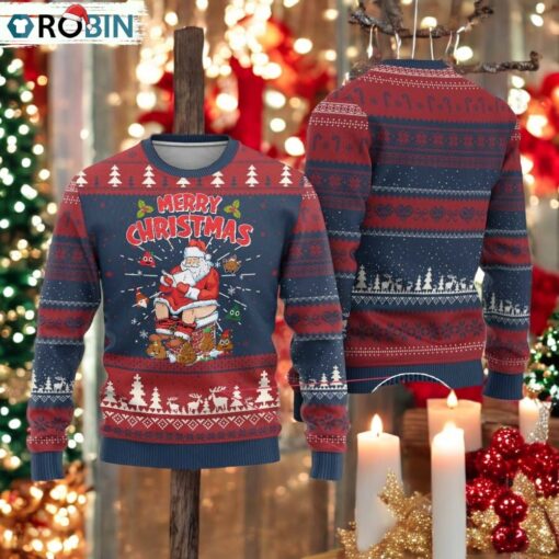 Funny Xmas Bad Santa Ugly Christmas Sweater Santa Pooping Down The Chimney