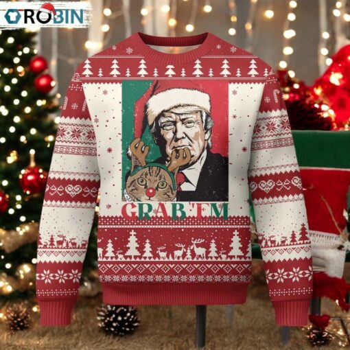 Funny Xmas Trump Ugly Christmas Sweater Grab ’em Trump Hug Reindeer