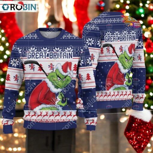 Great Britain Ice Hockey Team Grinch Hockey Stick Ugly Christmas Sweater