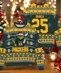 Green Bay Packers x Grinch Christmas Dr. Seuss How the Grinch Stole Christmas with Super Bowl Trophy Custom Ugly Christmas Sweater