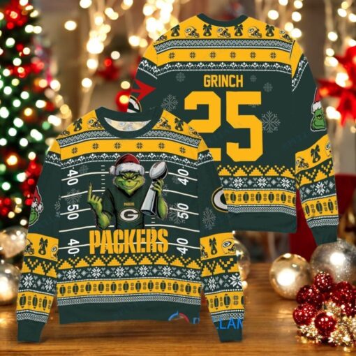 Green Bay Packers x Grinch Christmas Dr. Seuss How the Grinch Stole Christmas with Super Bowl Trophy Custom Ugly Christmas Sweater