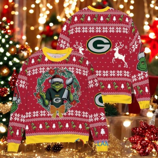Green Bay Packers x Grinch NFL Dr. Seuss How the Grinch Stole Christmas with Super Bowl Trophy Ugly Christmas Sweater Red