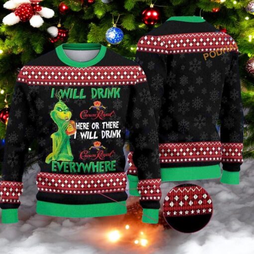 Grinch Drink CrownRoyal 3D Sweater, Funny Sweater