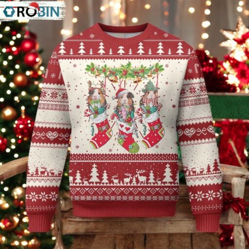 Guinea Pig In Xmas Socks Cute Santa Hat Ugly Christmas Sweater