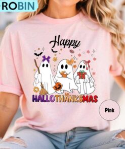 Happy Hallothanksmas Ghost Shirt, Halloween Party Tees, Long Sleeve Cotton, Hoodie
