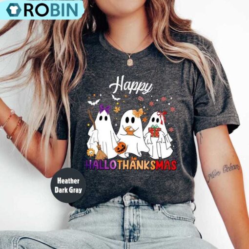 Happy Hallothanksmas Ghost Shirt, Halloween Party Tees, Long Sleeve Cotton, Hoodie