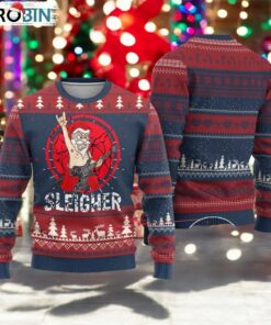 Heavy Mental Ugly Christmas Sweater Sleigher Santa Playing Guitar