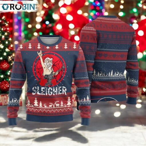 Heavy Mental Ugly Christmas Sweater Sleigher Santa Playing Guitar