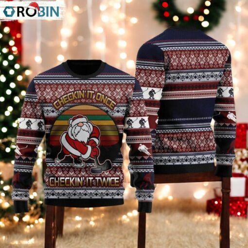 Hockey Checking It Once Checking It Twice Ugly Christmas Sweater