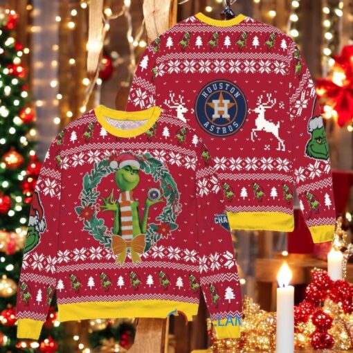 Houston Astros x Grinch Dr. Seuss How the Grinch Stole Christmas MLB with World Series Trophy Ugly Christmas Sweater Red