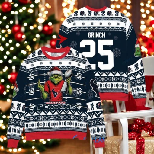 Houston Texans x Grinch Christmas Dr. Seuss How the Grinch Stole Christmas with Super Bowl Trophy Custom Ugly Christmas Sweater