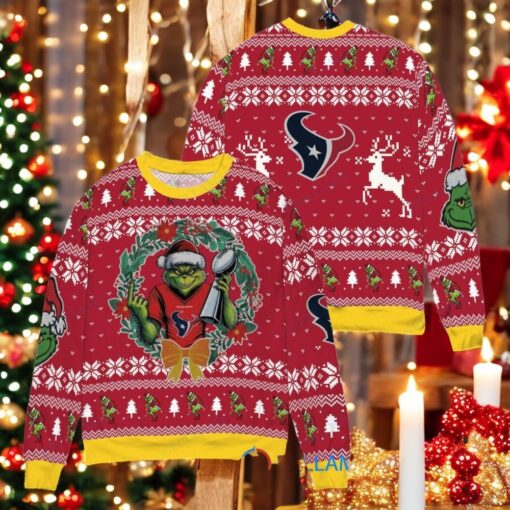 Houston Texans x Grinch NFL Dr. Seuss How the Grinch Stole Christmas with Super Bowl Trophy Ugly Christmas Sweater Red