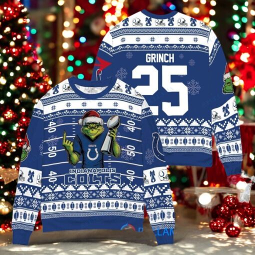 Indianapolis Colts x Grinch Christmas Dr. Seuss How the Grinch Stole Christmas with Super Bowl Trophy Custom Ugly Christmas Sweater