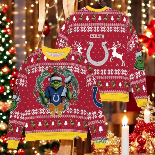 Indianapolis Colts x Grinch NFL Dr. Seuss How the Grinch Stole Christmas with Super Bowl Trophy Ugly Christmas Sweater Red