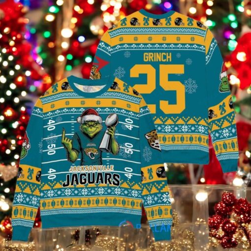 Jacksonville Jaguars x Grinch Christmas Dr. Seuss How the Grinch Stole Christmas with Super Bowl Trophy Custom Ugly Christmas Sweater