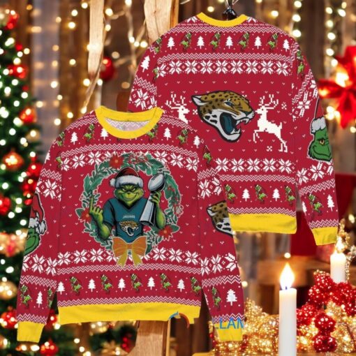 Jacksonville Jaguars x Grinch NFL Dr. Seuss How the Grinch Stole Christmas with Super Bowl Trophy Ugly Christmas Sweater Red