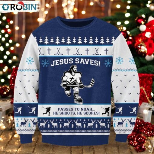 Jesus Saves Hockey Christmas Ugly Sweater Canada Hockey