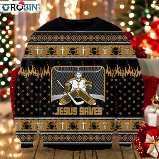 Jesus Saves Hockey Man Christmas Ugly Sweater
