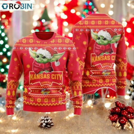 Kansas City Chiefs Cute Baby Yoda Grogu Ugly Christmas Sweater