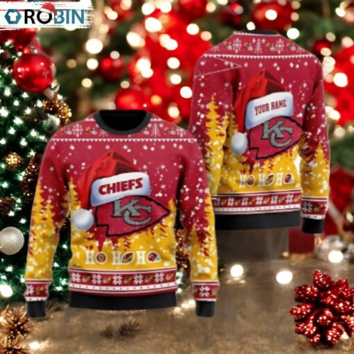 Kansas City Chiefs Symbol Wearing Santa Claus Hat Ho Ho Ho Personalized Ugly Christmas Sweater