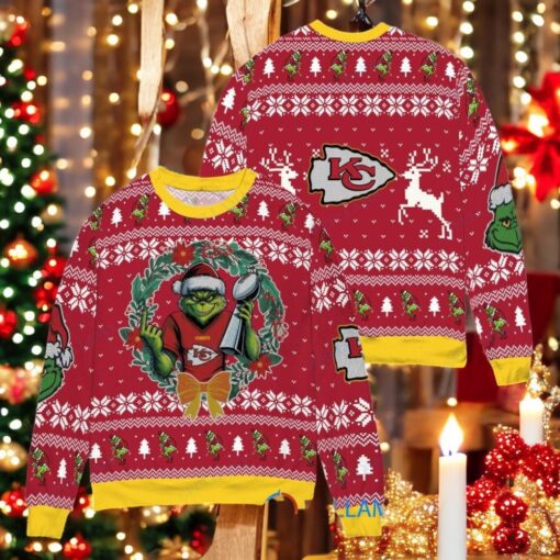 Kansas City Chiefs x Grinch NFL Dr. Seuss How the Grinch Stole Christmas with Super Bowl Trophy Ugly Christmas Sweater Red